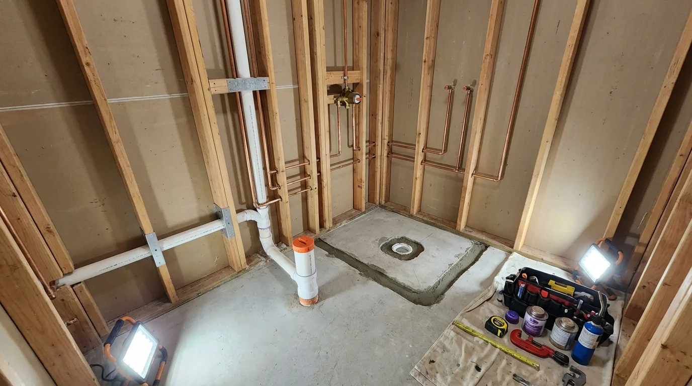 Bathroom rough-in plumbing during remodel by Johns Plumbing LLC in Needles