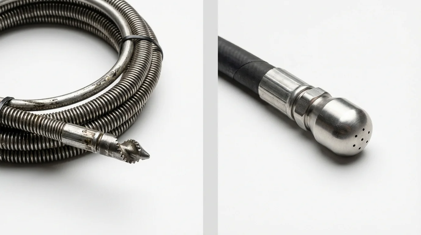 Drain snake cable and hydro jetting nozzle used for drain cleaning in Needles, CA