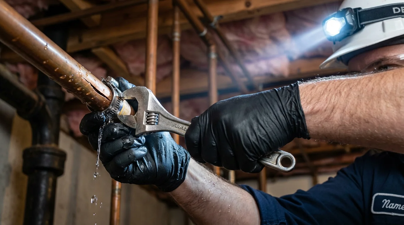 Emergency pipe clamp repair being performed by a Johns Plumbing LLC plumber in Needles