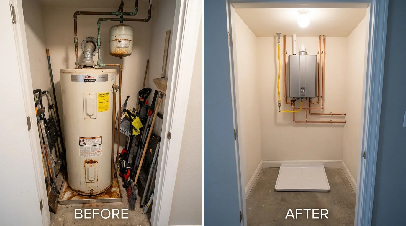 Tank water heater versus wall-mounted tankless unit comparison for Needles, CA homeowners