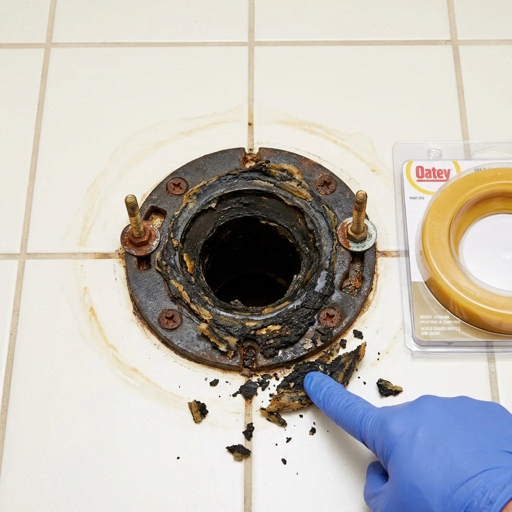 Failed wax ring showing water seepage at the base of a toilet in a Needles, CA home