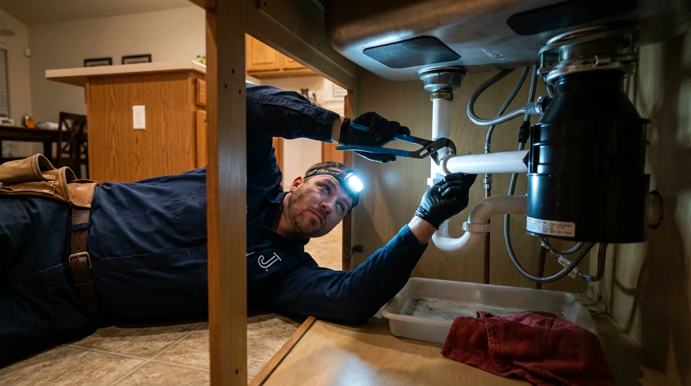 P-trap and supply line connections under a kitchen sink showing a common leak point in Needles, CA